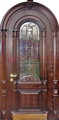 Арочная металлическая дверь массив со стеклом и ковкой ДА-50 в Иваново