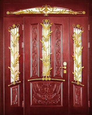 Бордовая железная парадная дверь со стеклом и ковкой ДПР-75 в Севастополе