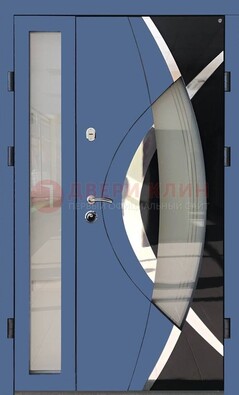 Синяя металлическая дверь со стеклом и узором ДС-13 в Иваново