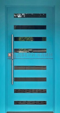 Голубая уличная дверь с МДФ панелью и стеклом ДС-51 в Иваново