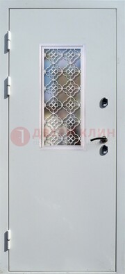 Серая металлическая дверь со стеклом и ковкой ДС-75 в Иваново