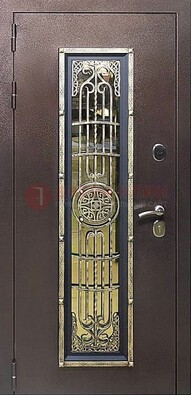 Железная дверь цвета медный антик со стеклом и ковкой ДСК-105 в Иваново