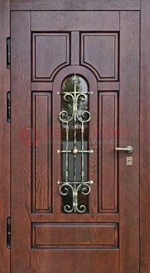 Cтальная дверь со стеклом и ковкой в коричневом цвете ДСК-119 в Иваново