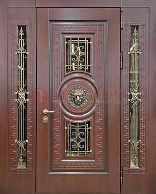 Коричневая стальная дверь со стеклом и ковкой ДСК-147 с фрамугами в Иваново