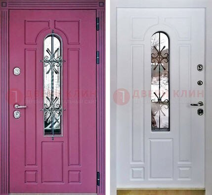 Розовая металлическая дверь со стеклом и ковкой ДСК-151 в Иваново