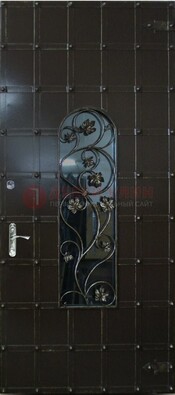 Высокая железная дверь со стеклом и ковкой ДСК-15 в Иваново
