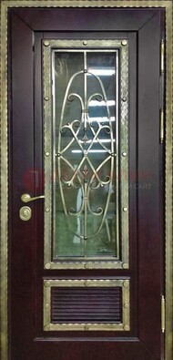 Темная уличная дверь порошок со стеклом и ковкой ДСК-167 в Иваново