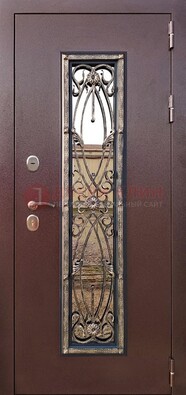 Коричневая стальная дверь порошок со стеклом и ковкой для дома ДСК-169 в Иваново