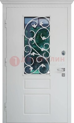 Белая металлическая дверь винорит со стеклом и ковкой ДСК-184 в Иваново