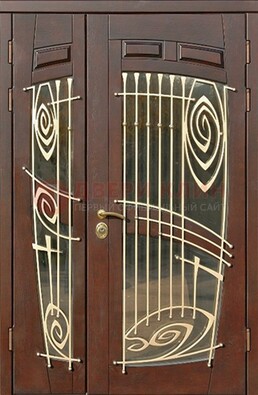 Коричневая железная дверь с большим стеклом и ковкой ДСК-203 в Иваново