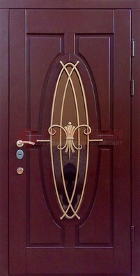Бордовая стальная дверь Винорит со стеклом и ковкой ДСК-263 в Иваново