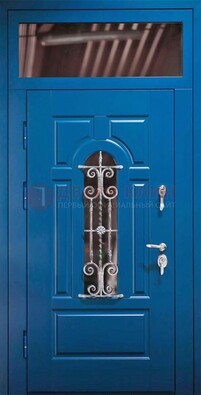 Синяя железная филенчатая дверь со стеклом и ковкой ДСК-97 в Иваново