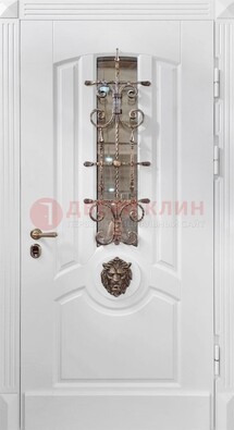 Белая металлическая дверь с виноритом и стеклом с ковкой ДВТ-165 в Иваново