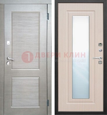 Металлическая филенчатая дверь Темный орех c МДФ Белый дуб с зеркалом ДЗ-104 в Иваново