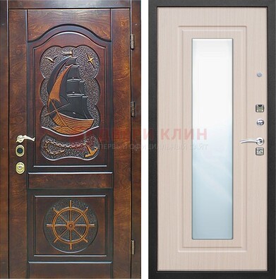 Темная уличная дверь с резьбой и зеркалом внутри ДЗ-49 в Иваново