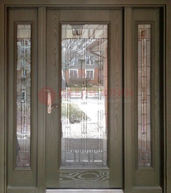 Коричневая стальная дверь с массивом дуба с витражом ВЖ-16 в Иваново