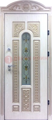 Белая железная дверь с МДФ и витражом ВЖ-26 в Иваново