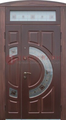 Коричневая двухстворчатая железная дверь с МДФ и витражом ВЖ-29 в Иваново