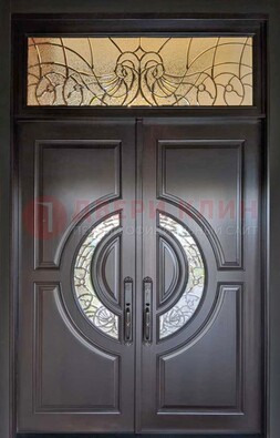 Чёрная двухстворчатая железная дверь с МДФ и витражом ВЖ-38 в Иваново