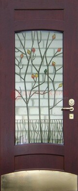 Бордовая стальная дверь с витражом и декоративным элементом ВЖ-3 в Ставрополе